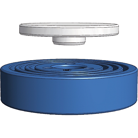 Zwei zylindrische Objekte: ein blaues, geriffeltes Unterteil, und ein weißes Oberteil, das darüber schwebt.